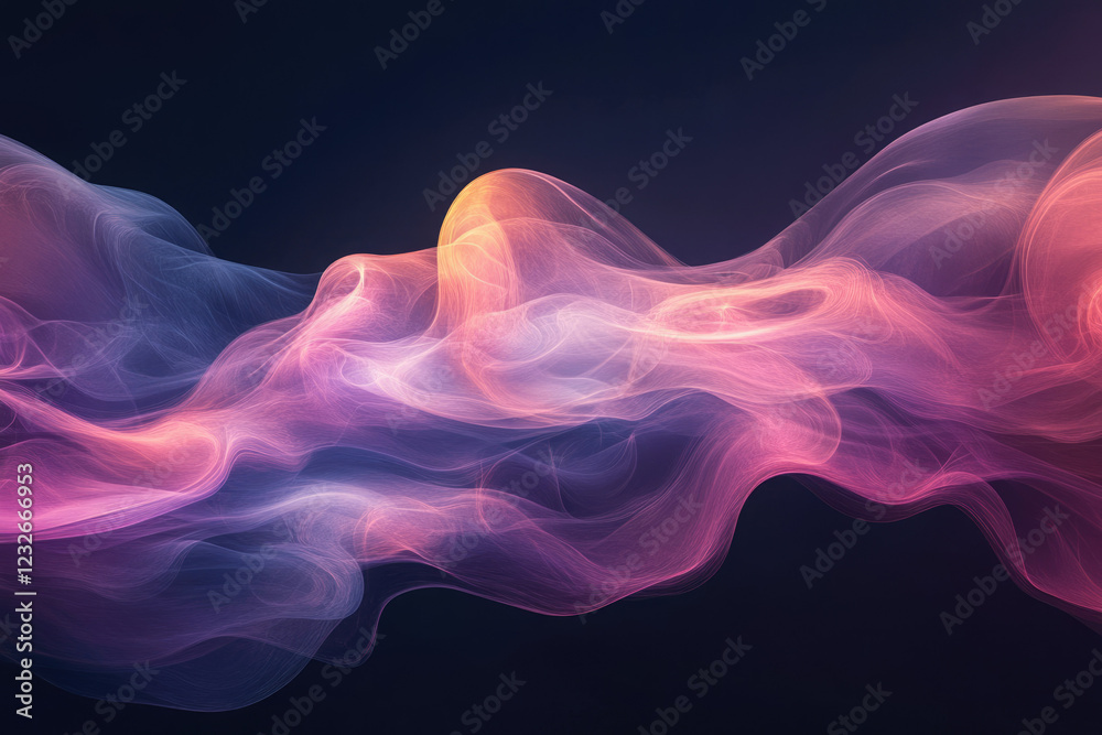 Fototapeta premium Abstract image of flowing, translucent pink and purple smoke or waves on a dark background.