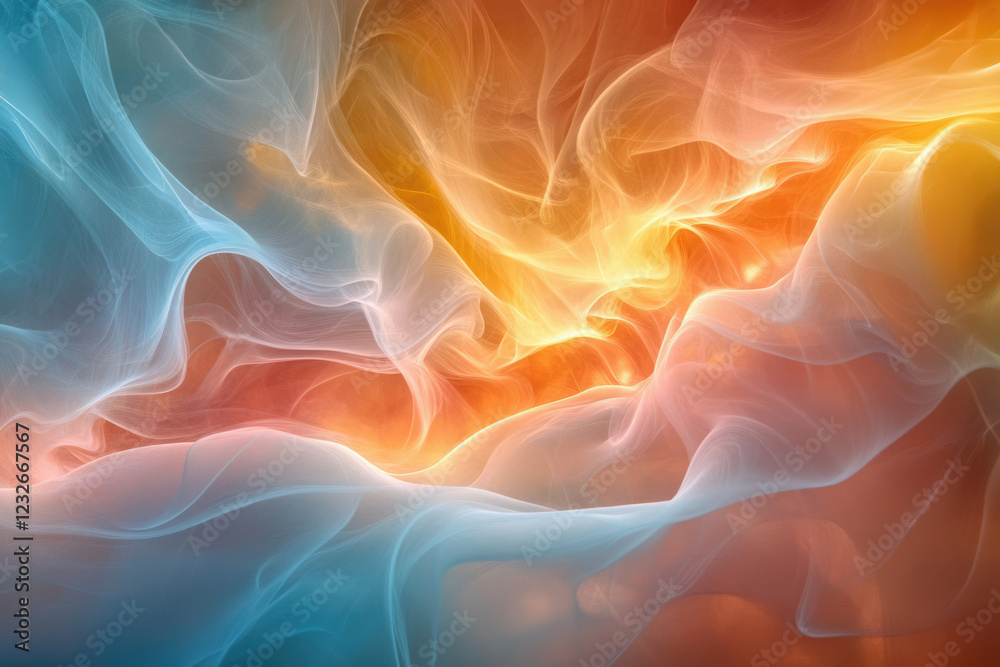 Fototapeta premium Abstract artwork depicting swirling, translucent colors of blue and orange, creating a dreamy, ethereal atmosphere.