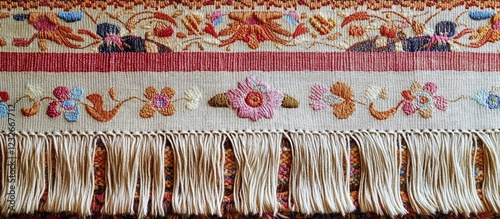 Embroidered textile detail floral pattern, fringed edge, woven background, craft textile