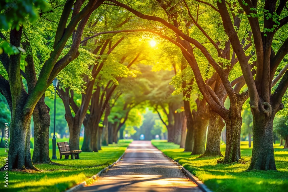 Serene Park Path: Bokeh Photography of Lush Green Trees and Winding Trails Serene Park Path: Bokeh Photography of Lush Green Trees and Winding Trails