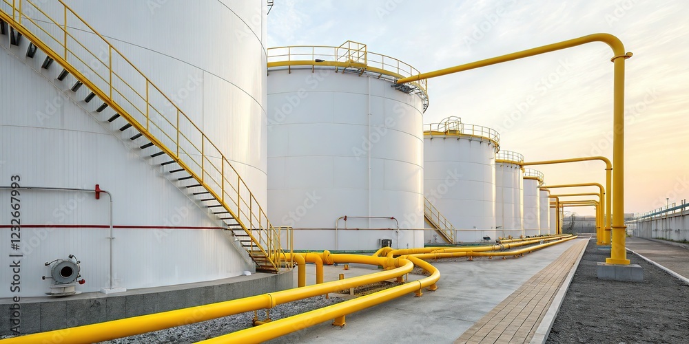 Long exposure view of storage tanks, yellow pipes. Long exposure view of storage tanks, yellow pipes.