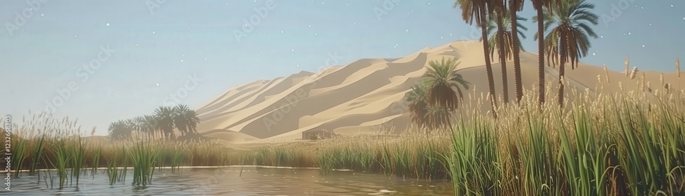 A serene landscape featuring sand dunes, lush greenery, and palm trees beside a tranquil waterbody under a clear blue sky. A serene landscape featuring sand dunes, lush greenery, and palm trees beside a tranquil waterbody under a clear blue sky.