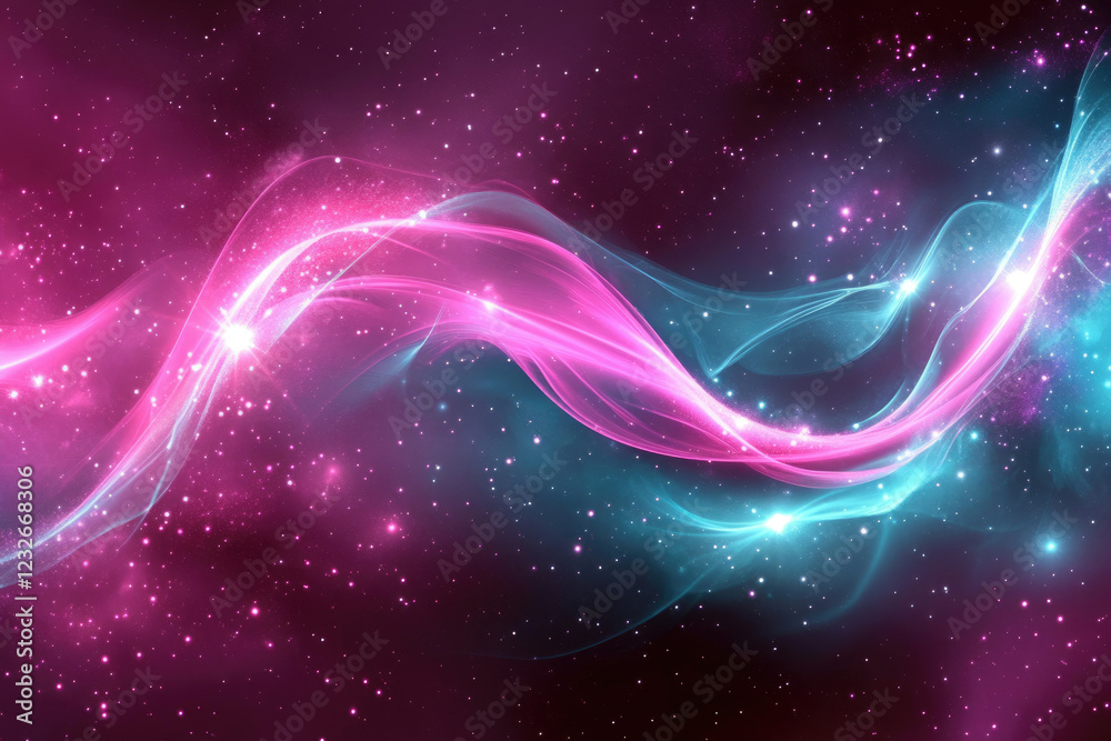 Fototapeta premium Glowing pink and teal cosmic waves flow through a starry nebula, creating a vibrant and ethereal scene.
