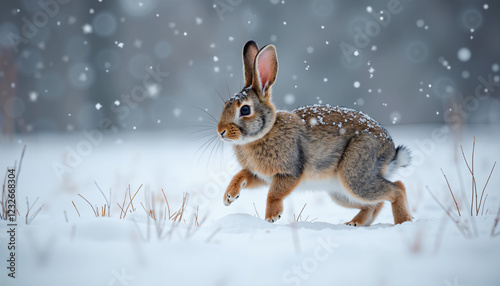 Adorable Brown Rabbit Hopping Through Snowy Winter Landscape photo