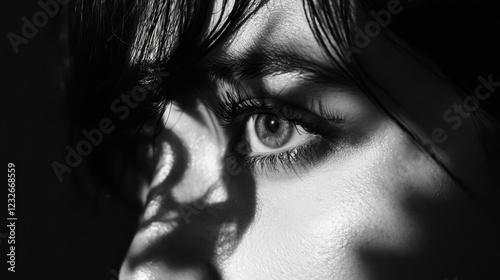 Close Up Monochrome Portrait of a Woman's Eye Dramatic Lighting and Shadow