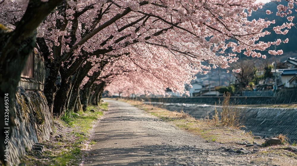 A row of Japanese cherry blossom trees along a quiet path, creating a beautiful pink tunnel. 