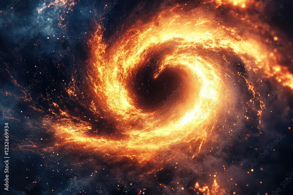 A fiery cosmic swirl, a mesmerizing vortex of orange and yellow flames against a dark, starry backdrop.
