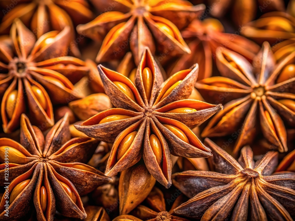 Full-frame star anise seeds, high depth of field, rich aroma. Full-frame star anise seeds, high depth of field, rich aroma.