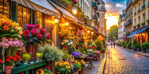 Gentle Parisian sunlight streams, illuminating a flower shop brimming with blooms.  Customers browse, a tranquil scene.