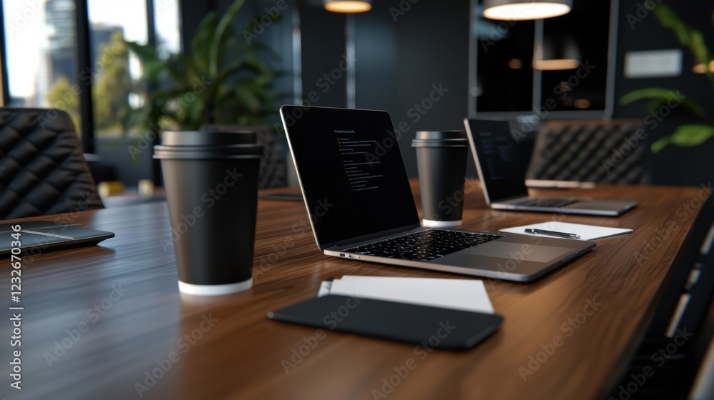 A laptop is on a table with two cups of coffee and a pen A laptop is on a table with two cups of coffee and a pen
