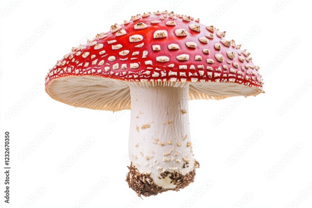 Fresh Flying Agaric mushroom with red cap and white warts, isolated on white background, mycology concept Fresh Flying Agaric mushroom with red cap and white warts, isolated on white background, mycology concept
