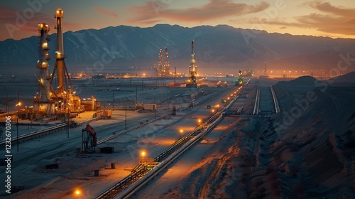 Workers engage in oil extraction activities as the sun sets behind distant mountains, creating a blend of natural beauty and industrial development. photo