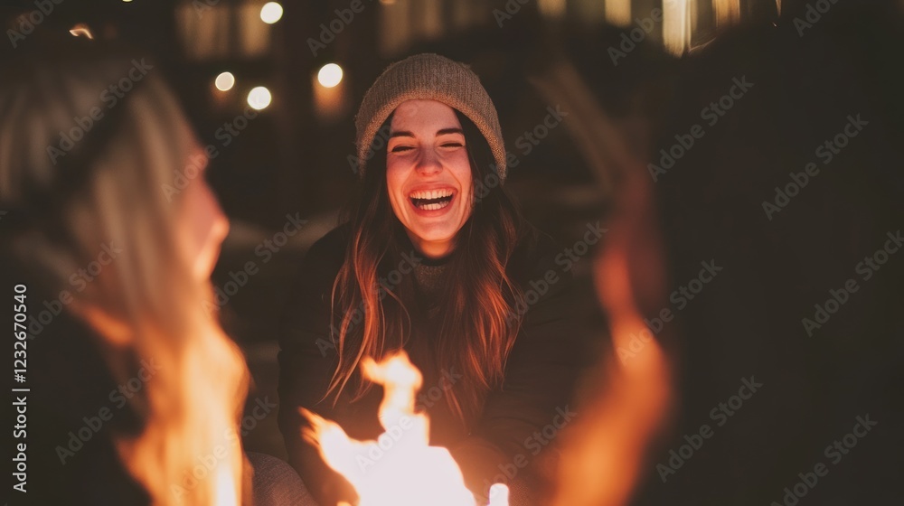 Happy woman laughing with friends around a bonfire at night. Happy woman laughing with friends around a bonfire at night.