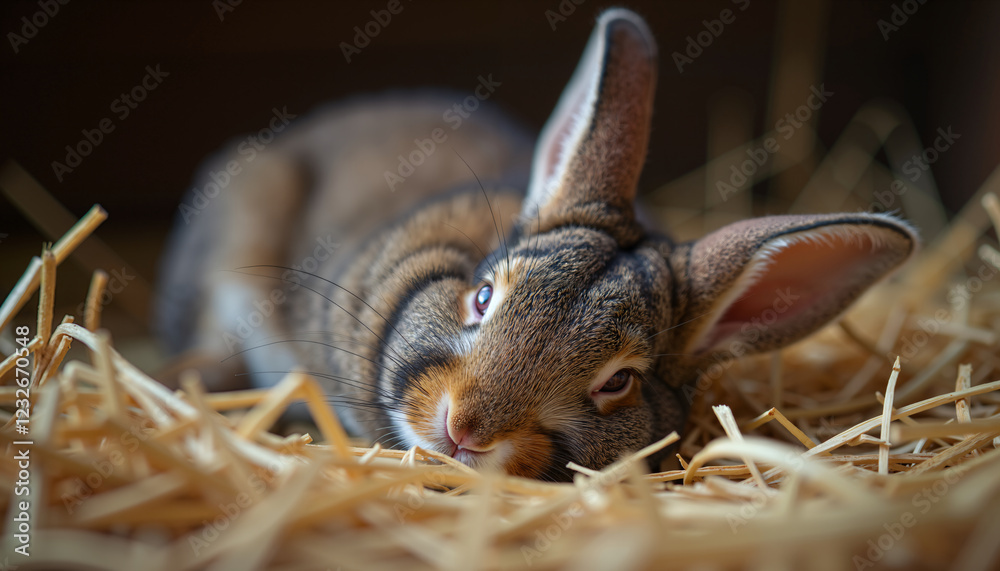 Adorable Brown Rabbit Resting in Hay Close Up Pet Portrait Domestic Animal Adorable Brown Rabbit Resting in Hay Close Up Pet Portrait Domestic Animal