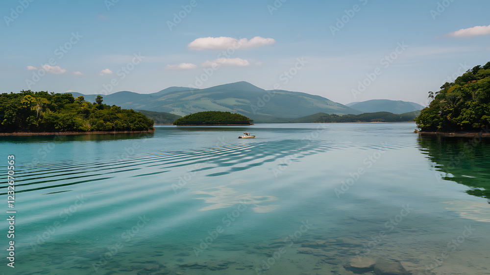 Serene Lake Landscape with Boat and Mountains