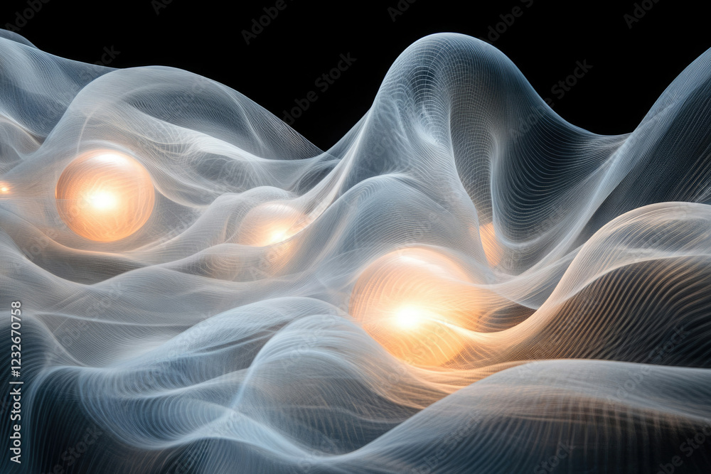 Fototapeta premium Glowing orbs nestled within a flowing, ethereal, and translucent wave-like fabric.
