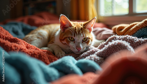 Adorable Ginger and White Kitten Resting on Soft Cozy Blankets Fluffy Texture Domestic Cat