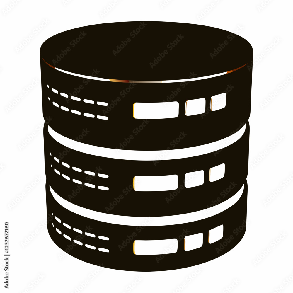Iconic dark-grey database server with three stacked components. Simple, modern design showing stylized data visualization. Concept of data storage, server management, IT infrastructure. Iconic dark-grey database server with three stacked components. Simple, modern design showing stylized data visualization. Concept of data storage, server management, IT infrastructure.