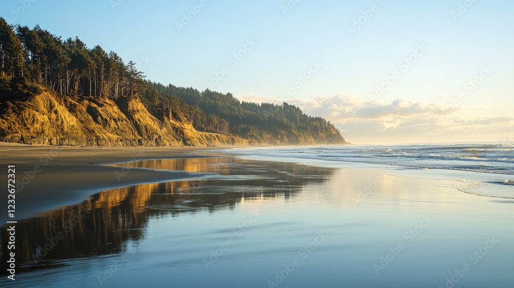 Fototapeta premium A serene beach with golden sunlight reflecting on the calm waves during late afternoon. 