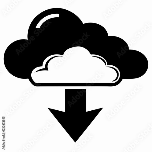 Black cloud with down arrow in minimal vector style representing data download, cloud transfer or digital file access.
Concepts: cloud storage, download symbol, file transfer, tech icon, digital acces