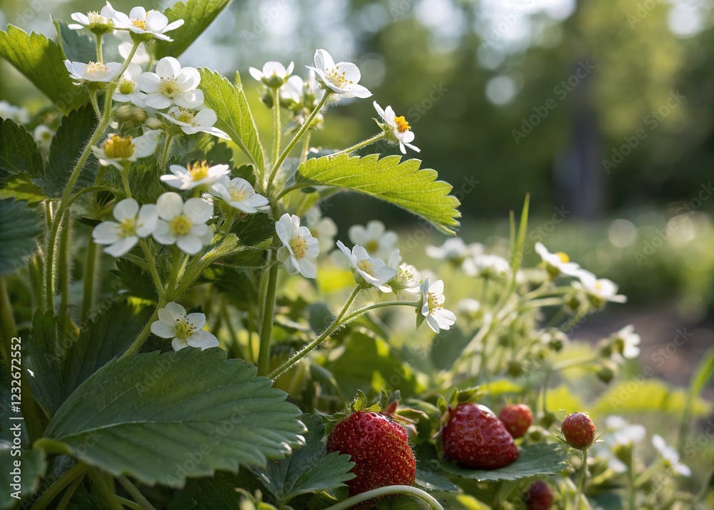 Delicate white flowers, green leaves, and juicy berries. A captivating nature scene. Delicate white flowers, green leaves, and juicy berries. A captivating nature scene.