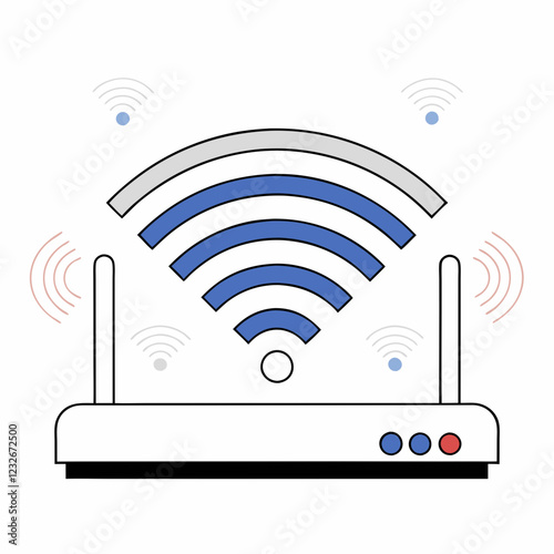Minimalist blue-gray router illustration with dual antennas broadcasting WiFi signals. Clean design shows wireless connectivity. Concept of: Internet service, networking equipment, connectivity soluti