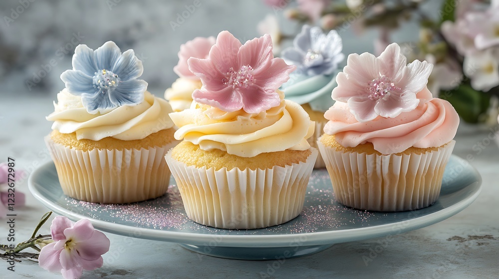 A whimsical dessert display featuring cupcakes with pastel frosting, edible glitter, and sugar flower decorations. A whimsical dessert display featuring cupcakes with pastel frosting, edible glitter, and sugar flower decorations.