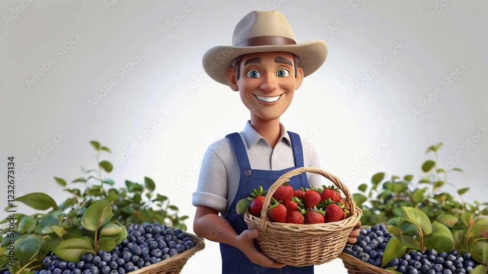 Smiling Cartoon Farmer Holding Basket of Strawberries and Blueberries Smiling Cartoon Farmer Holding Basket of Strawberries and Blueberries