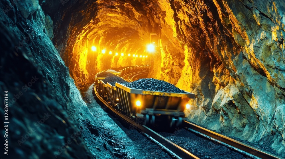 Naklejka premium Ore train inside illuminated mine tunnel.