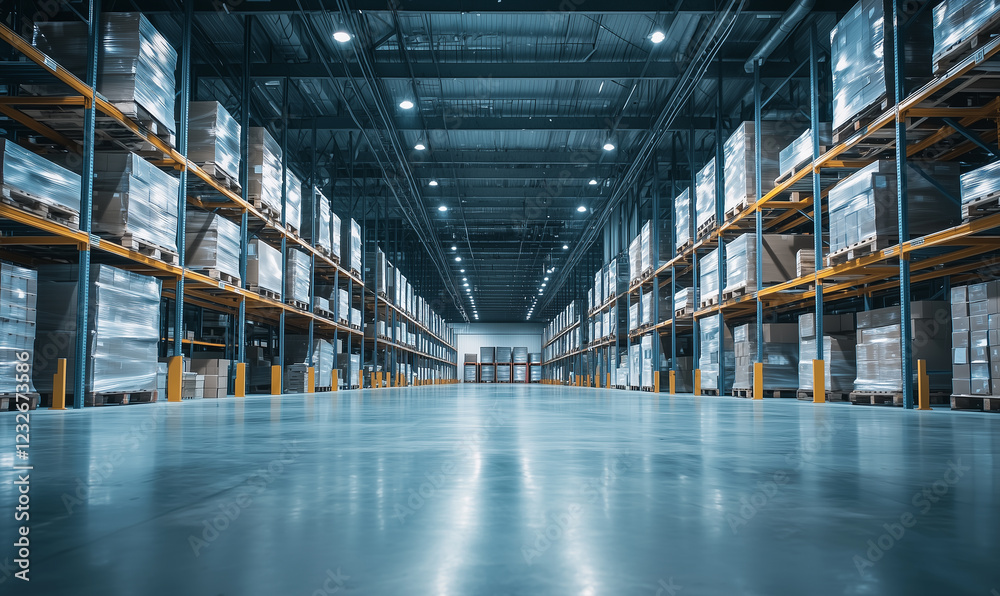 Spacious warehouse with stacked pallets and bright overhead lights illuminating the floor. Spacious warehouse with stacked pallets and bright overhead lights illuminating the floor.