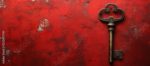Antique key on red grunge background; secret, mystery, unlock