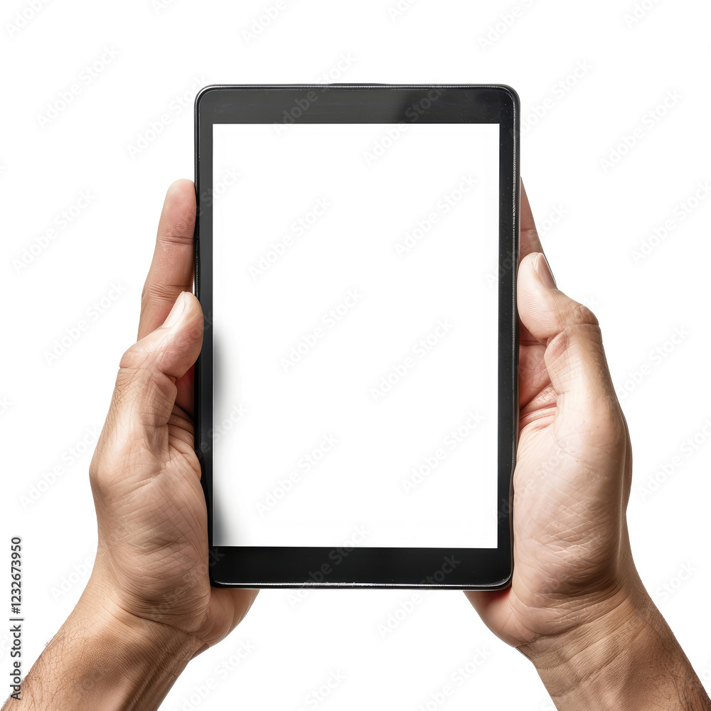 Hand man holding tablet with mockup blank screen isolated on a white or transparent background Hand man holding tablet with mockup blank screen isolated on a white or transparent background