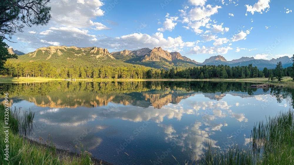 Fototapeta premium A serene lake view with mountains reflected on the calm surface. 