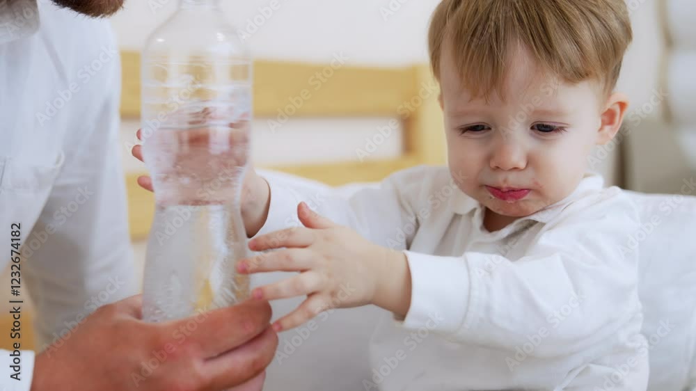 Adorable blond toddler drinks from bottle. Kid spills water and coughs. Close up. Adorable blond toddler drinks from bottle. Kid spills water and coughs. Close up.