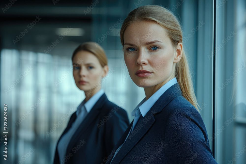 Two confident businesswomen in suits stand near a window, projecting professionalism and success. Two confident businesswomen in suits stand near a window, projecting professionalism and success.