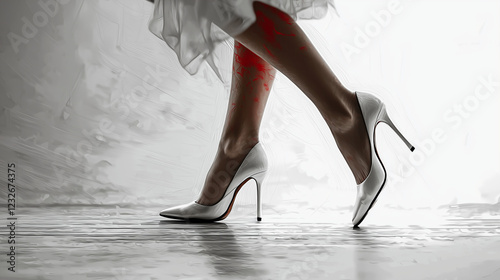 With deliberate grace, a woman walks in stilettos, emphasizing the balance and precision required with each heel’s touch to the ground