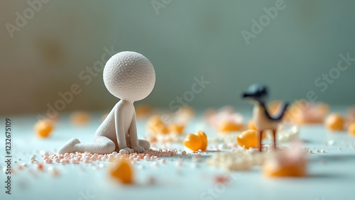 nique white figurine made of plasticine depicting a person with a neutral mood amidst scattered decorations. photo