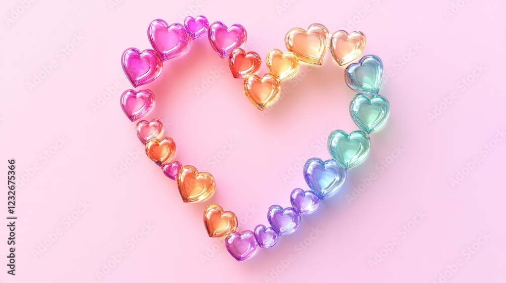 Obraz premium Rainbow hearts forming a heart shape on pink background; Valentine's Day card