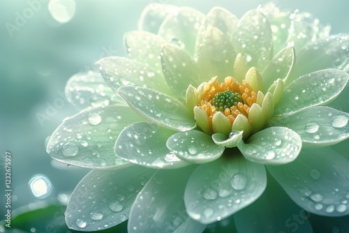 Delicate water lily adorned with droplets in a serene aquatic setting during daylight