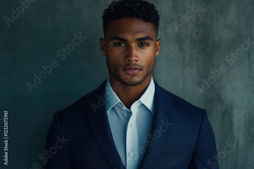 A young, handsome Black man in a navy blue suit looks directly at the camera. photo