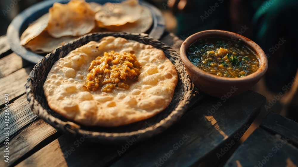 Delicious Indian Cuisine with Flatbread and Lentil Dish on Table Delicious Indian Cuisine with Flatbread and Lentil Dish on Table