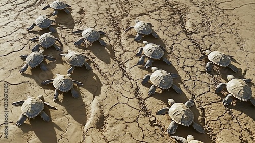 Baby turtles' ocean journey, cracked earth background, arid beach, conservation photo