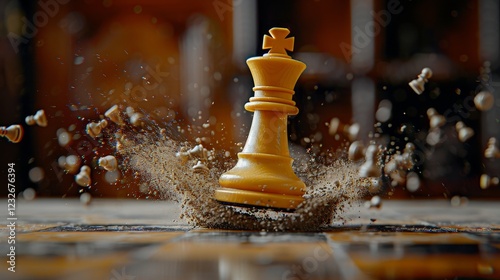 A chess king stands resilient amidst a cascade of falling chess pieces on a dramatic backdrop photo