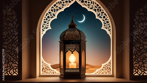 A fantasy-inspired Arabic night scene featuring Ramadan lantern light resting in Islamic modern window on a background.