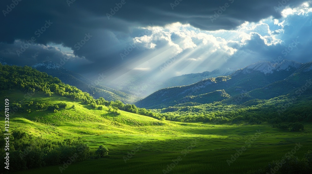 Obraz premium Serene Landscape with Sunlight Beaming through Dark Clouds