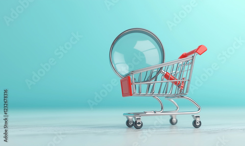 Shopping cart with a magnifying glass against a blue background, symbolizing retail and online shopping.
