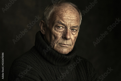 A close-up portrait of a pensive elderly man, his weathered face etched with life's experiences.