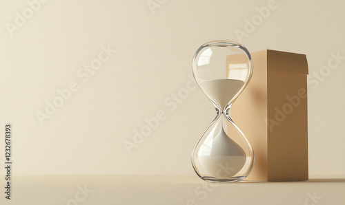 A glass hourglass stands next to a brown paper bag on a textured background.