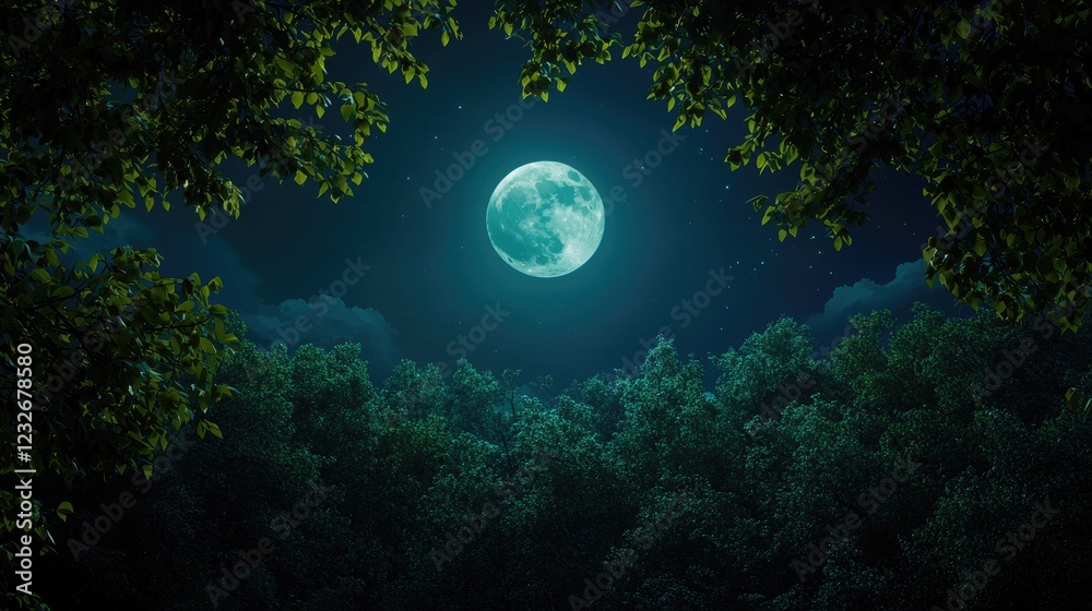 Fototapeta premium Enchanting Night Sky with Full Moon Surrounded by Lush Trees