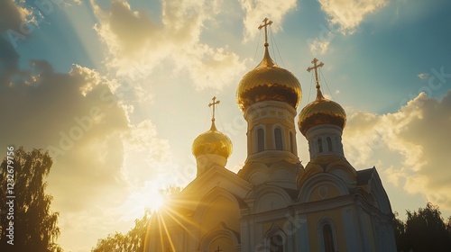 The sun is setting behind a church with three domes